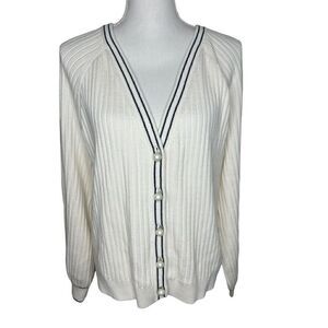 Talbots Ivory Pearl Button Knit Sweater Cardigan Jacket Ribbed Sz L